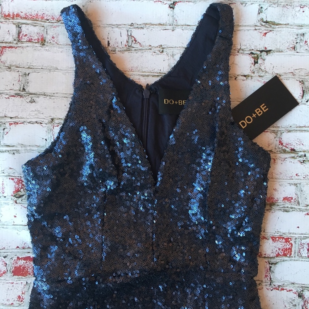 Navy Sparkly Sequin Midi Dress w/ Slit