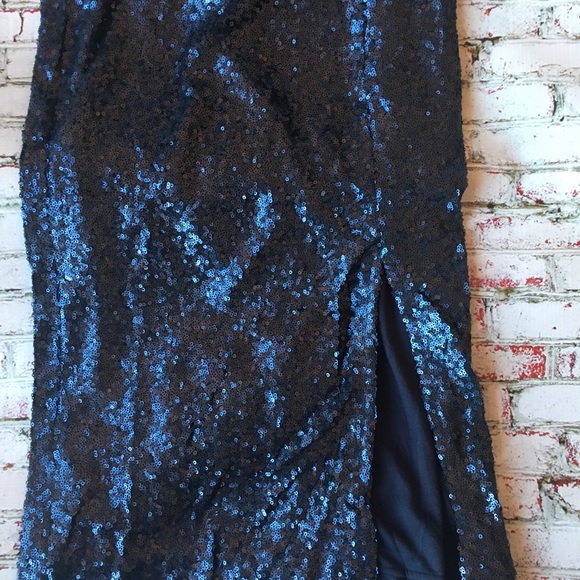 Navy Sparkly Sequin Midi Dress w/ Slit - Picture 8 of 8