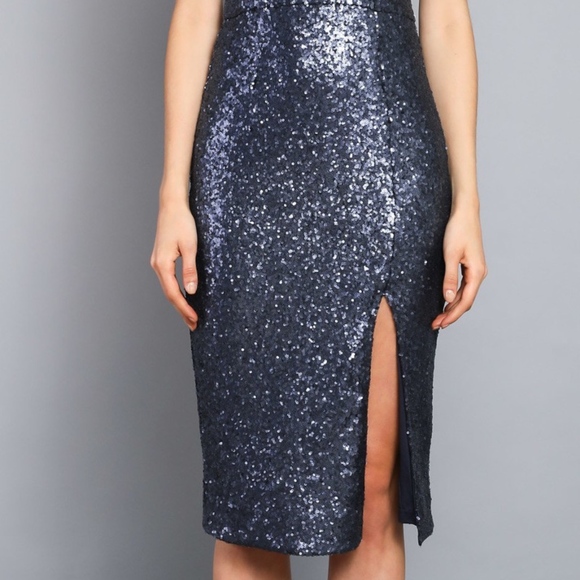 Navy Sparkly Sequin Midi Dress w/ Slit - Picture 6 of 8