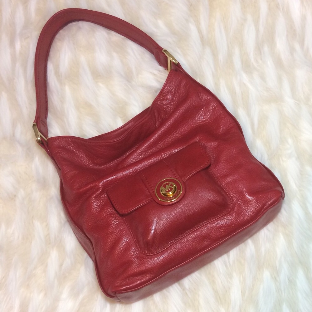 Vintage Michael Kors Pebbled Burgundy Red Thick Leather Hobo Gold Logo & Buckles