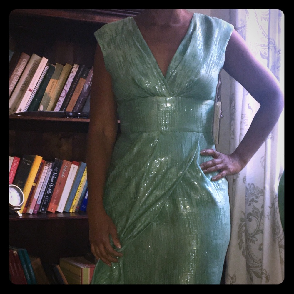 Green metallic Lela Rose dress