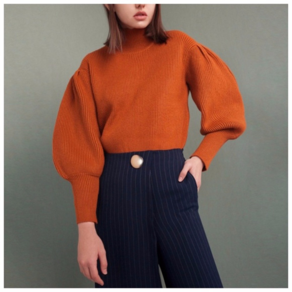 Red Orange Puff Sleeve Sweater