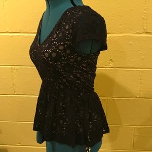 Lace Overlay, Cap Sleeve Peplum, V-Neck Top
