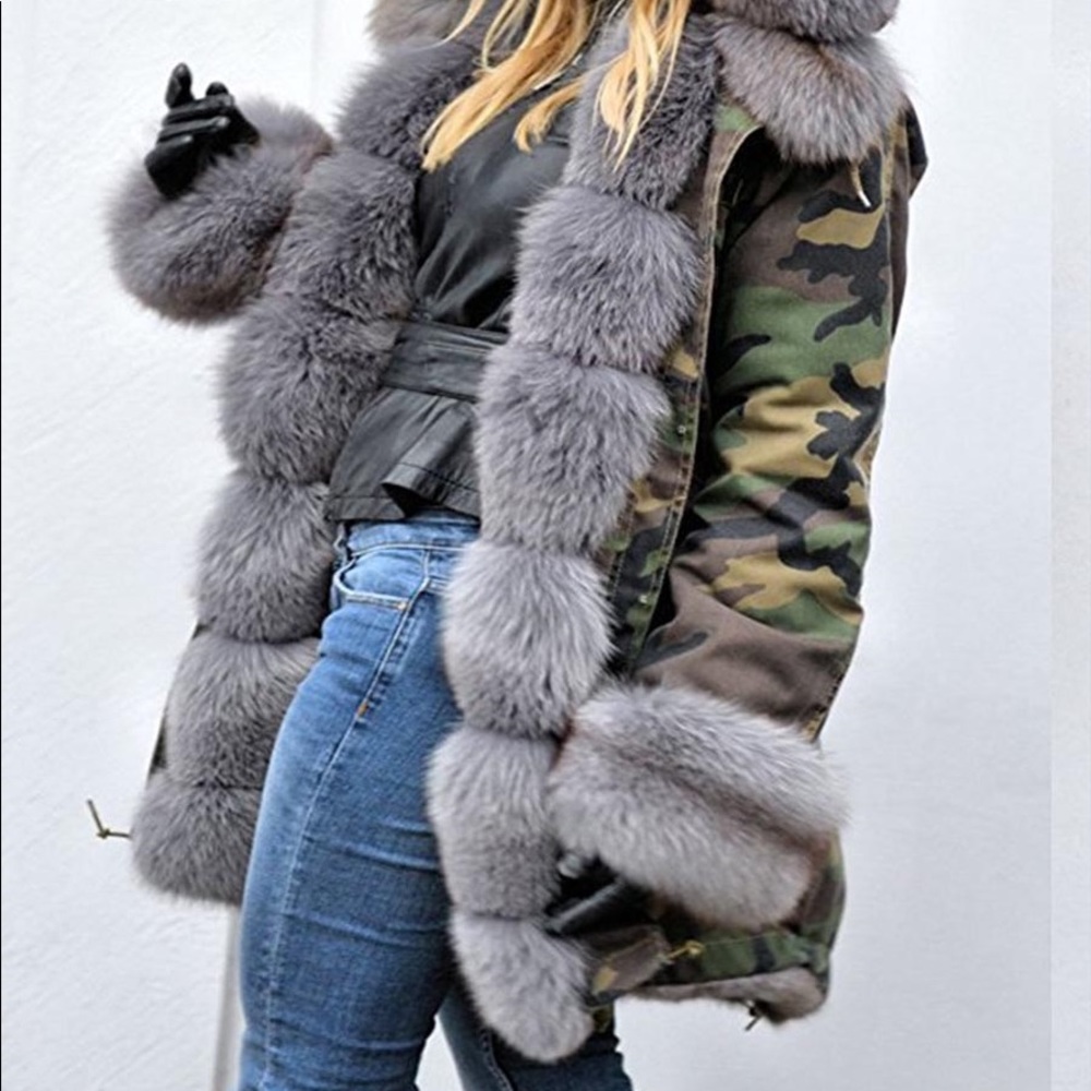 Camouflage fur coat size M