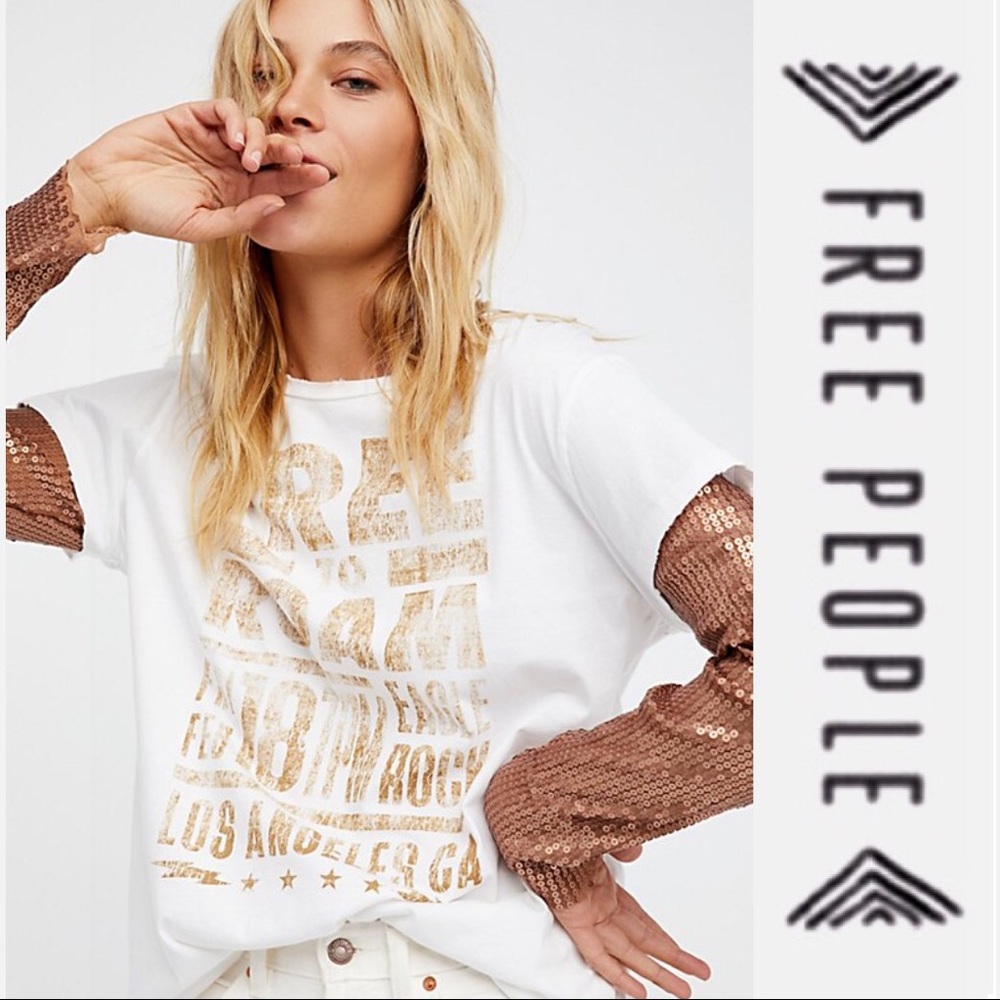 Free People Backstage Tee Sequin Sleeves Layer Top