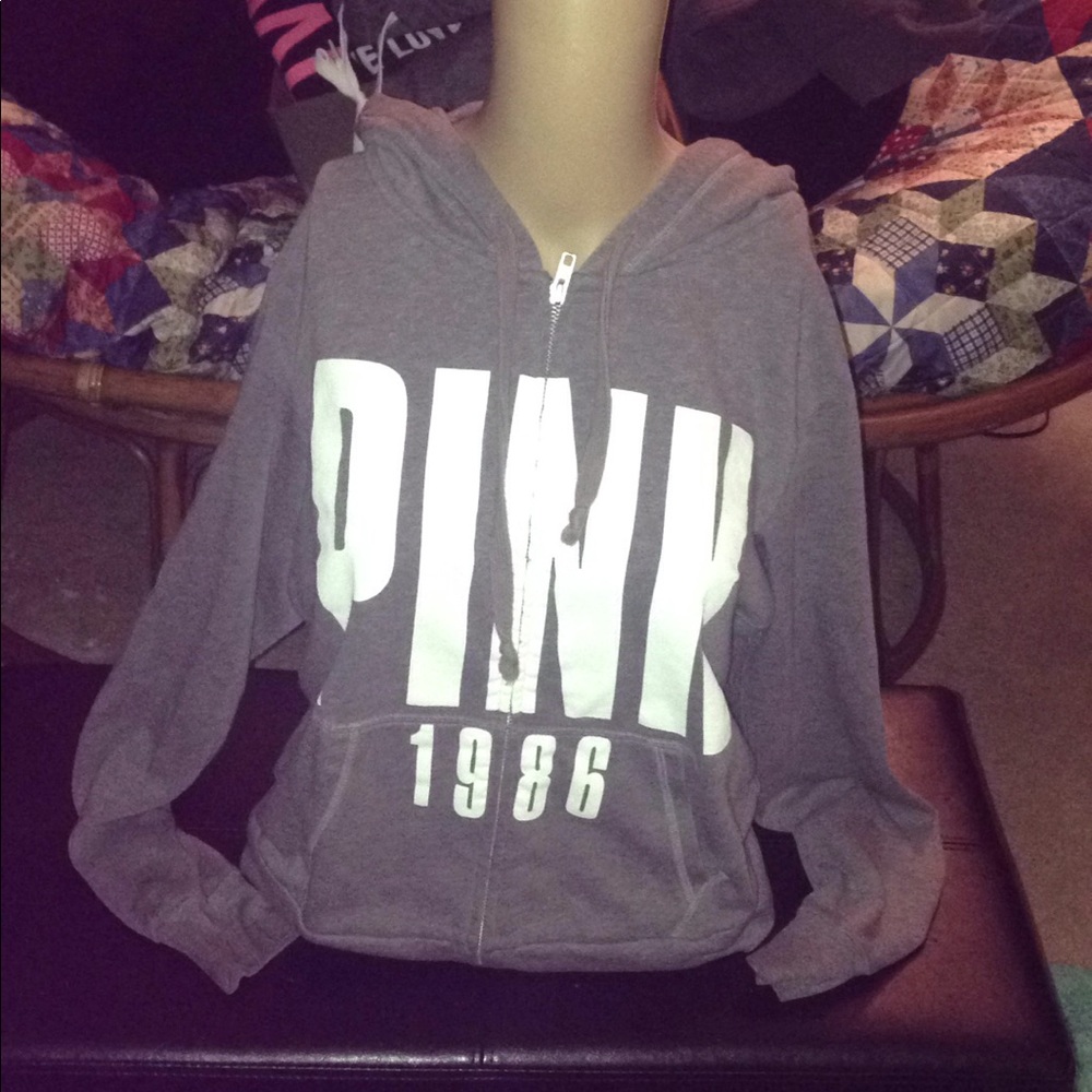 Gray VS pink hooded sweatshirt white lettering