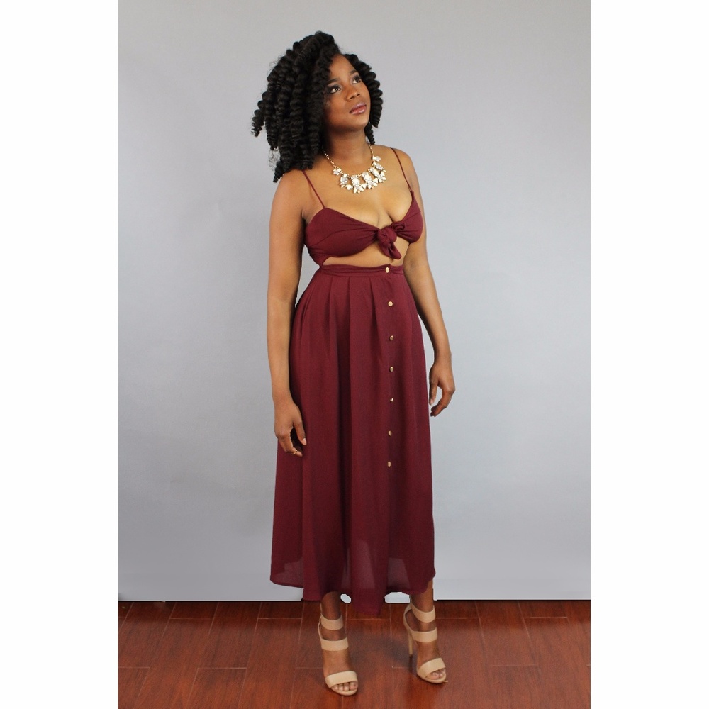 Burgundy cutout bow tie midi dress