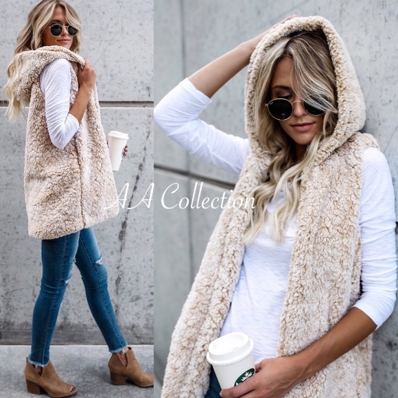 Sherpa vest sleeves jacket coat beige or gray sold - Picture 5 of 8