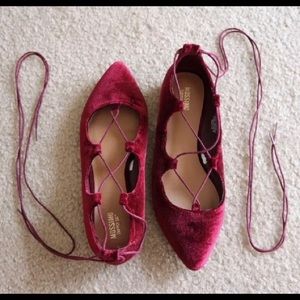 NWOT MOSSIMO RED MAROON VELVET LACE UP FLATS