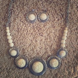 Crackled White and Silver Necklace and Earring set