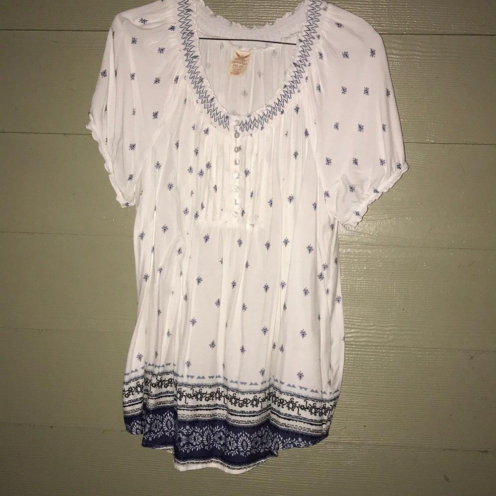 White with Blue Peasant / Boho Long Blouse 2XL