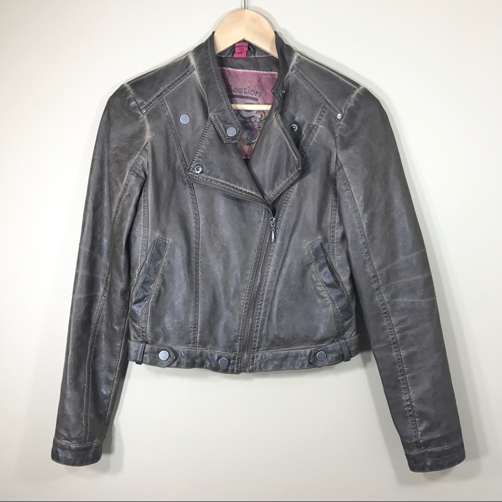Grey/taupe motto faux leather jacket, size XS