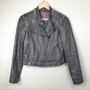 Grey/taupe motto faux leather jacket, size XS