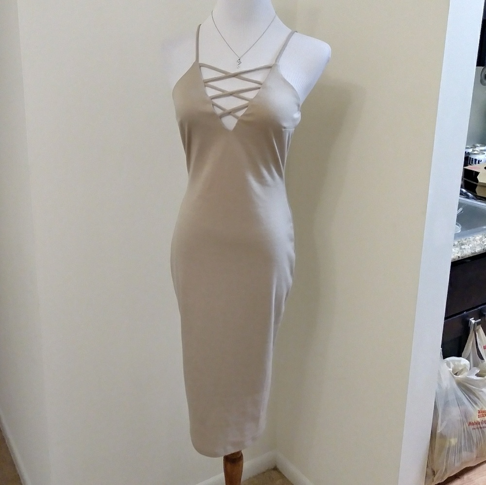 Nude beige lace up cage front bodycon dress