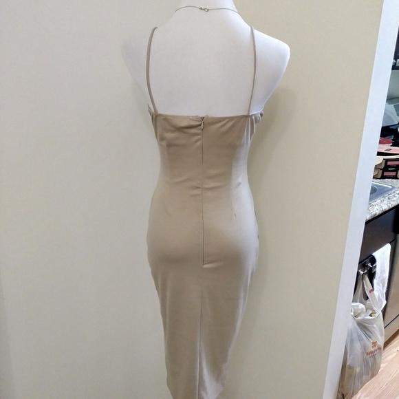 Nude beige lace up cage front bodycon dress - Picture 2 of 5