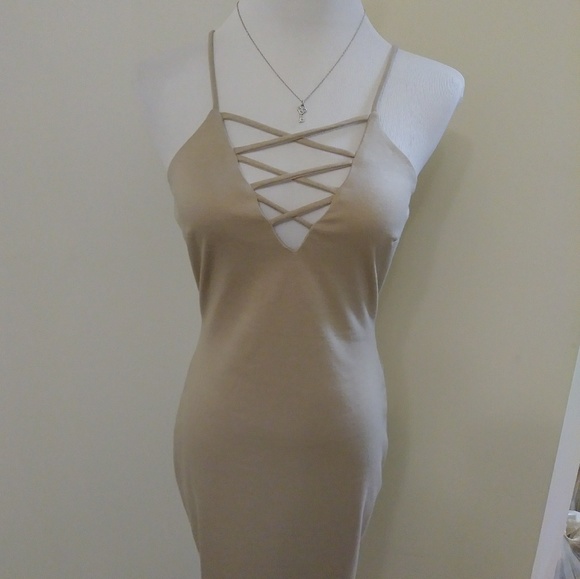 Nude beige lace up cage front bodycon dress - Picture 4 of 5