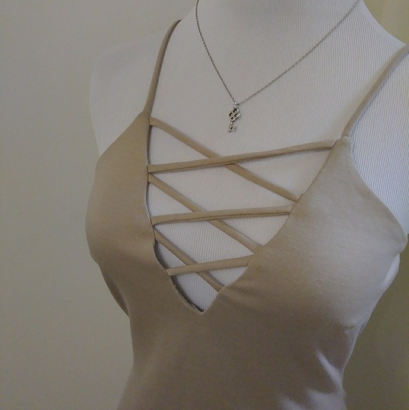 Nude beige lace up cage front bodycon dress - Picture 5 of 5