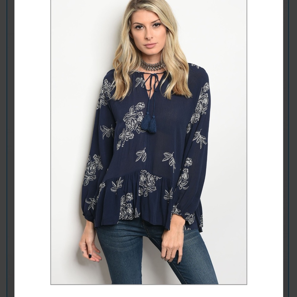 Navy Blue Embroidered Boho Blouse Top