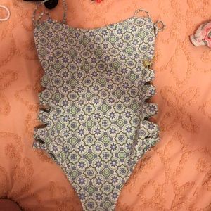 Teal flower swimsuit with cut outs