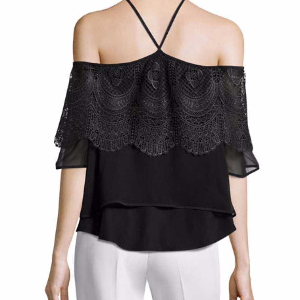 Cinq a Sept Fleur Tiered Lace Cold-Shoulder Top