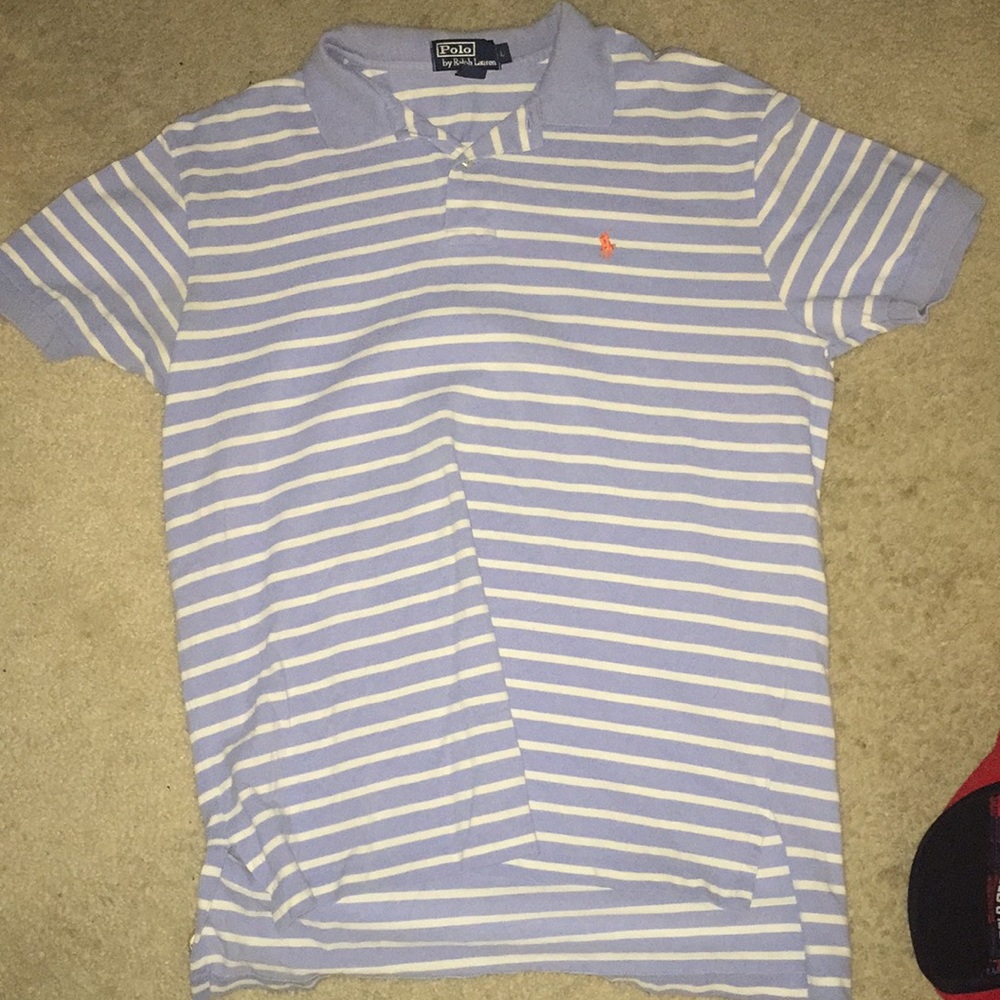 Light blue and white striped collar polo