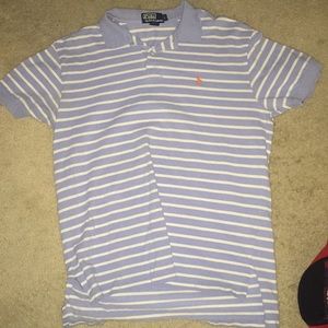 Light blue and white striped collar polo