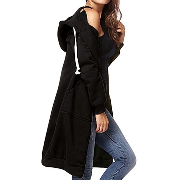 Long Maxi Hoodie Front Pocket Zip Front Jacket - Picture 3 of 7