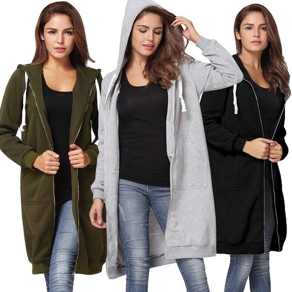 Long Maxi Hoodie Front Pocket Zip Front Jacket - Picture 6 of 7