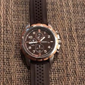 Two toned Fossil watch with brown silicone band