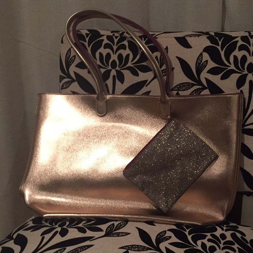 NWT Large Rose Gold Tote + Small Glitter Pouch