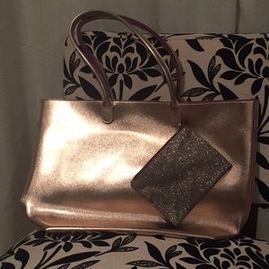 NWT Large Rose Gold Tote + Small Glitter Pouch