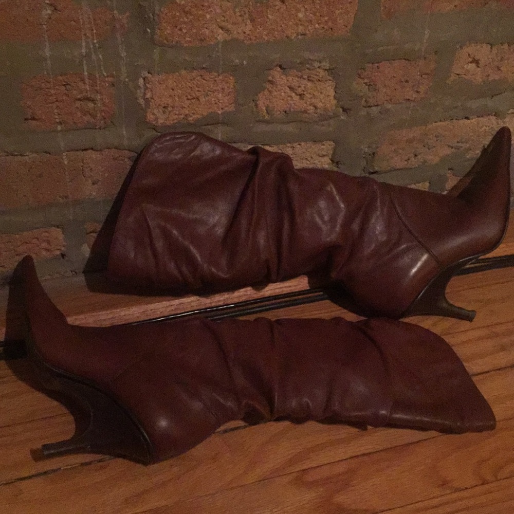 Brown Nine West leather mid calf, slouchy boots