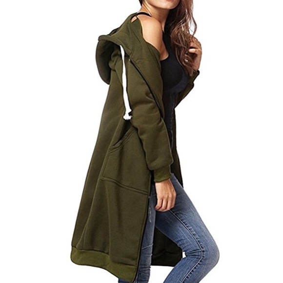 Long Maxi Hoodie Front Pocket Zip Front Jacket - Picture 2 of 3