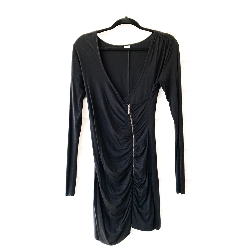 THREE DOTS long sleeve shirred mini black dress