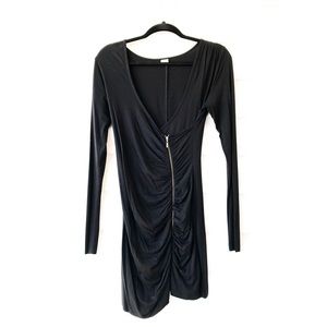 THREE DOTS long sleeve shirred mini black dress