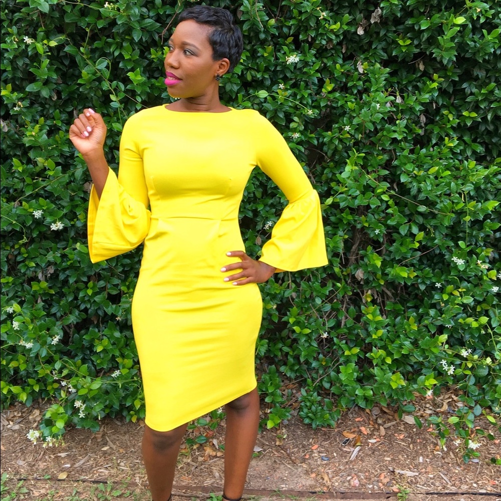 ASOS Pencil Dress Bell Sleeves Yellow