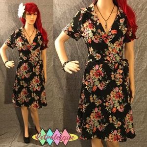 Black Floral Wrap style Tea Dress-NWT