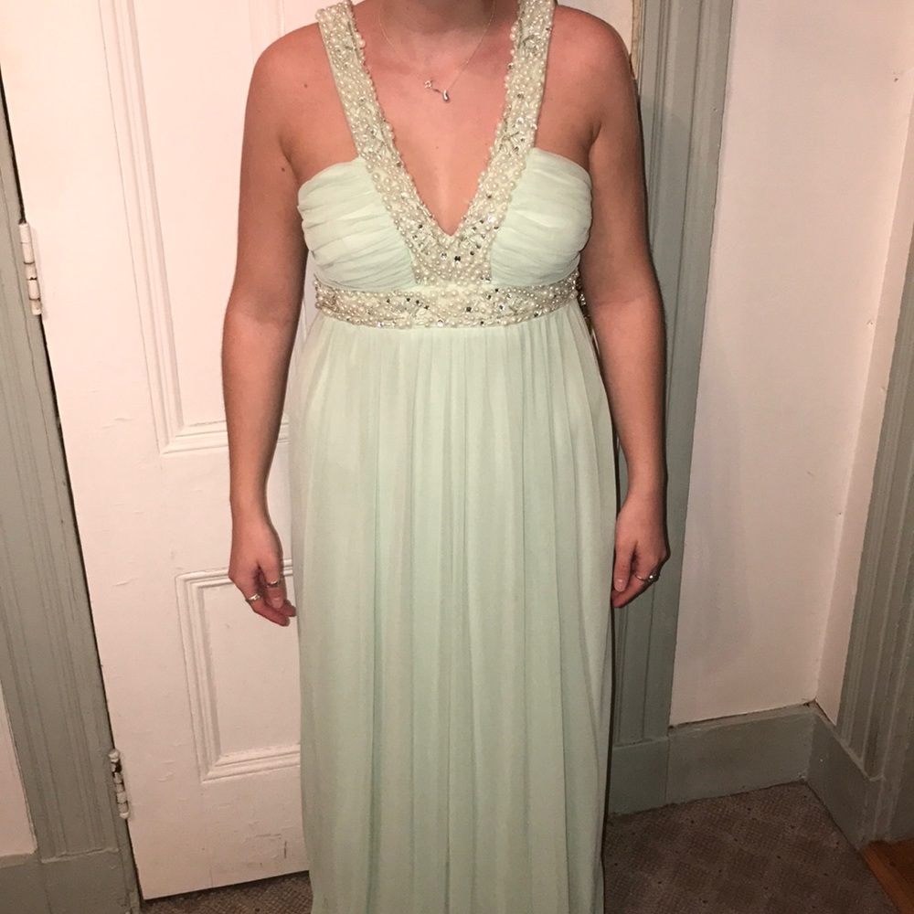 Mint green pearl detailed evening gown