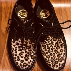 Demonia Black Suede/Faux Fur Cheetah Oxfords