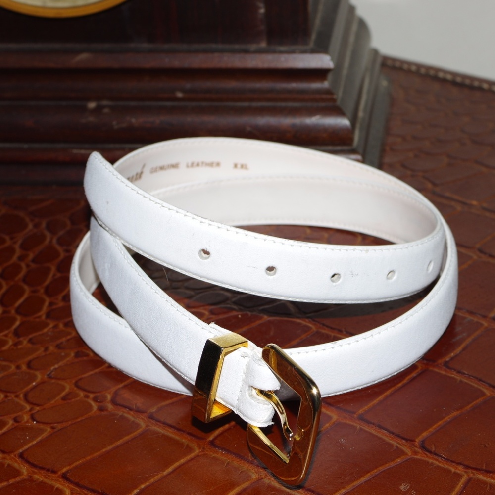 NEWMARK Genuine Leather White Belt Gold Buckle XXL