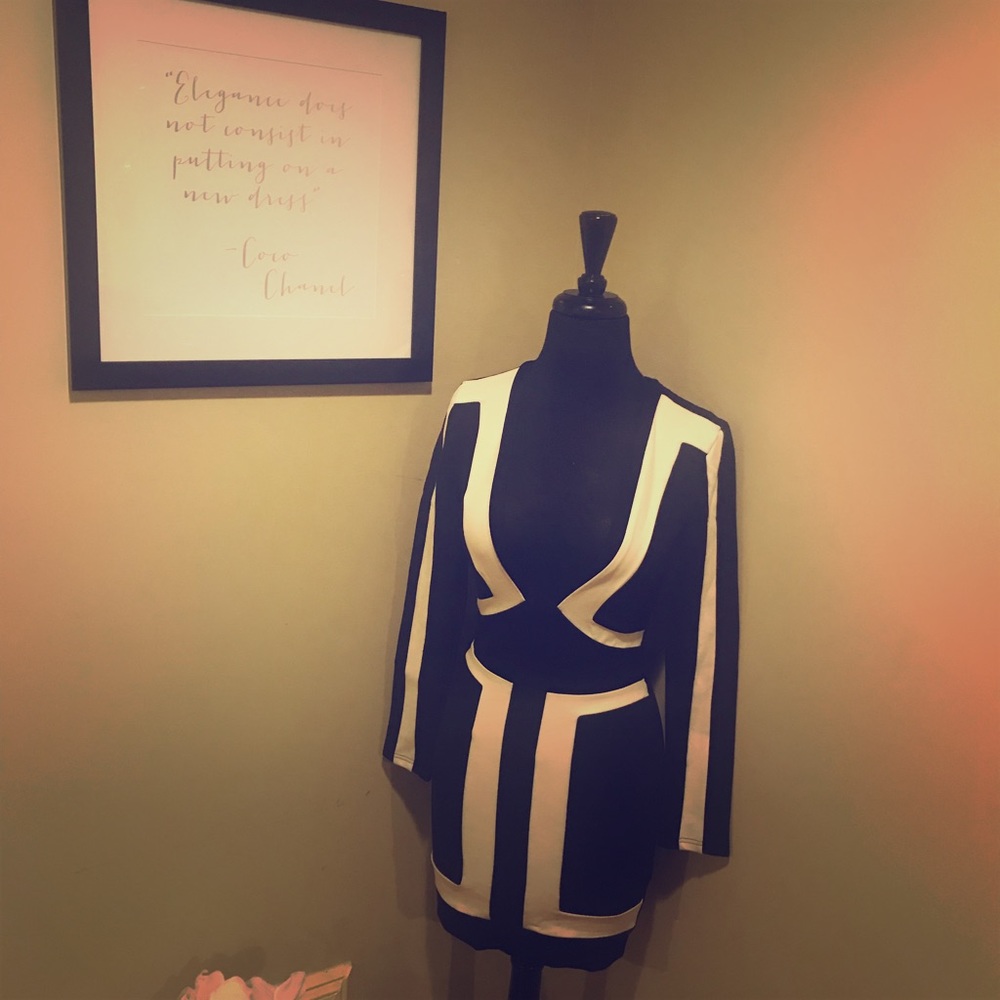 Plunge Black and White Dress