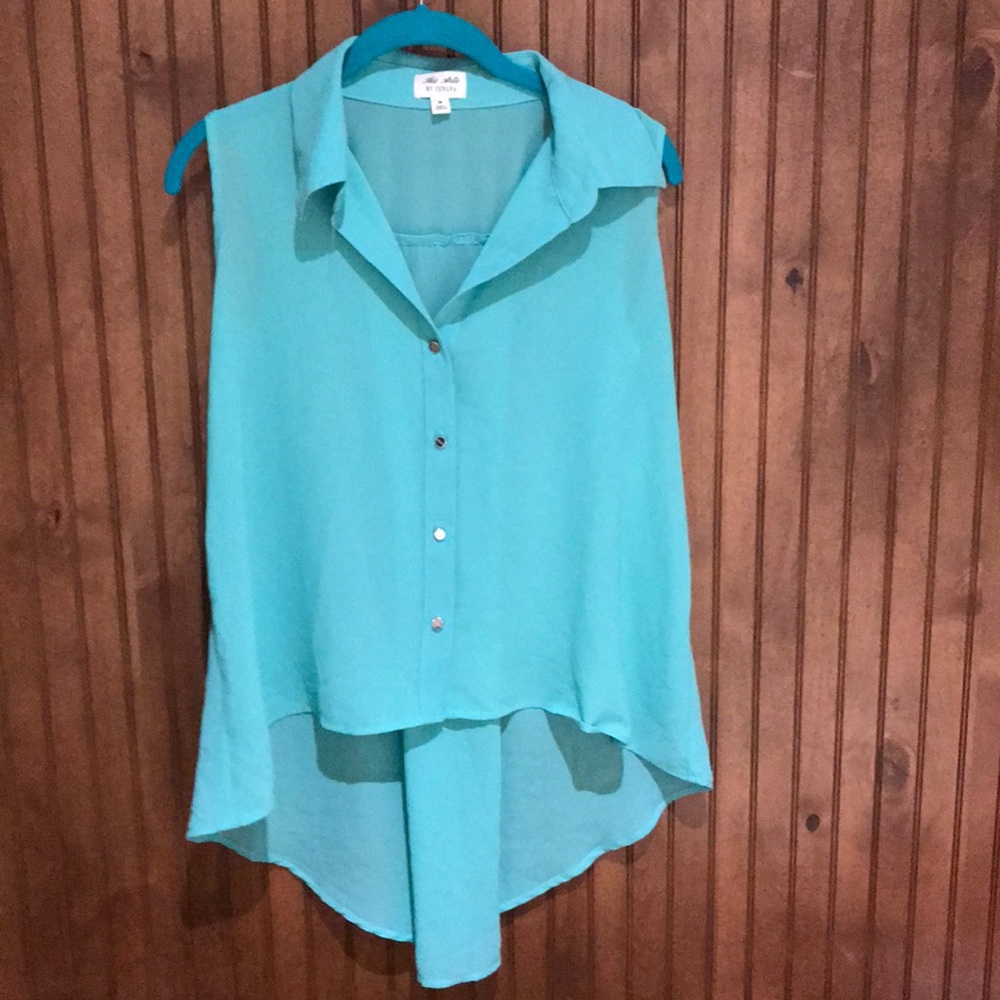Turquoise Sleeveless High-Low Button-Down