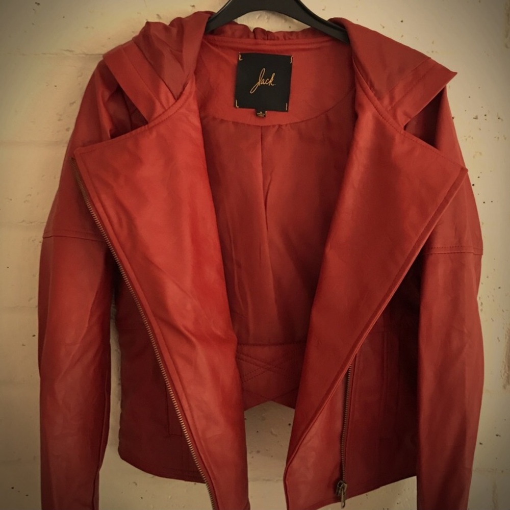 BB Dakota faux leather biker jacket w/ hood in red