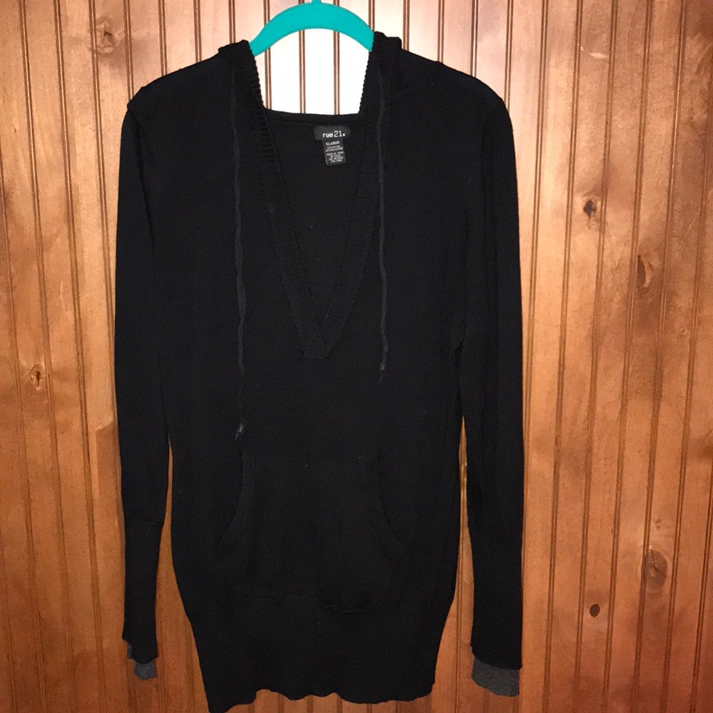 Black Hooded with Front Pocket Tunic Sweater