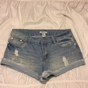 Distressed denim shorts
