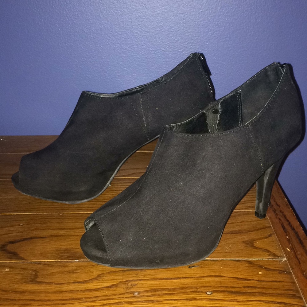 Black Suede Peep-Toe Express Booties