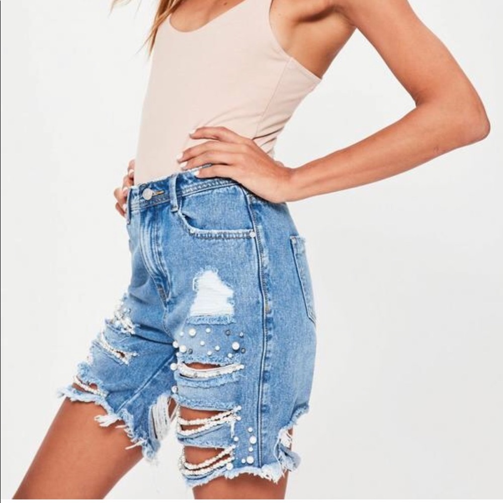 blue longer length pearl ripped shorts