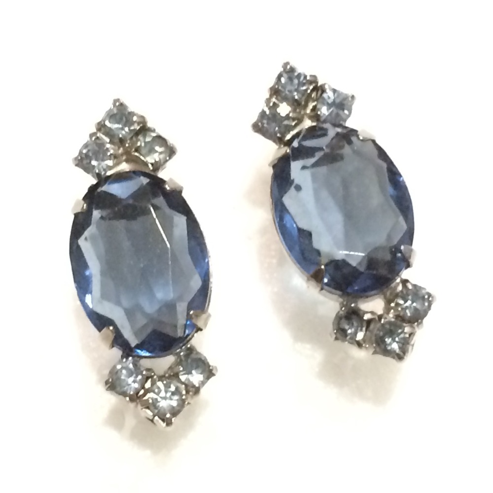 Vintage Blue Rhinestone Earrings Clips