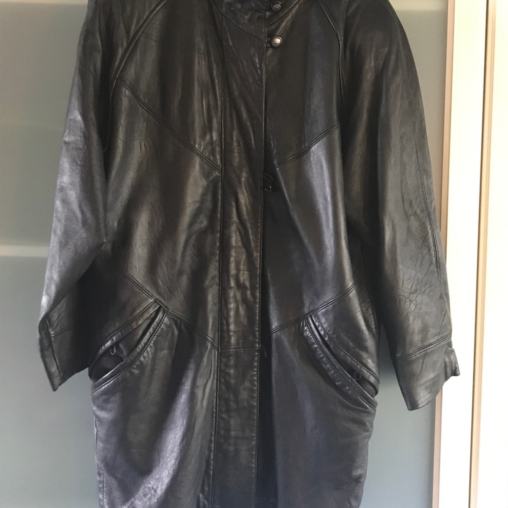 Knee Length Black Leather Coat w/ Zip Out vest