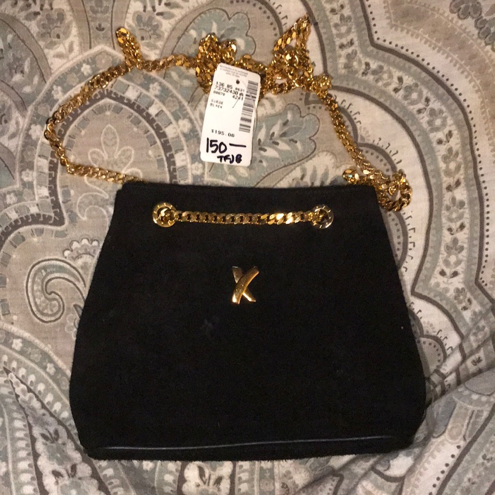 Paloma Picasso suede gold chain shoulder purse.